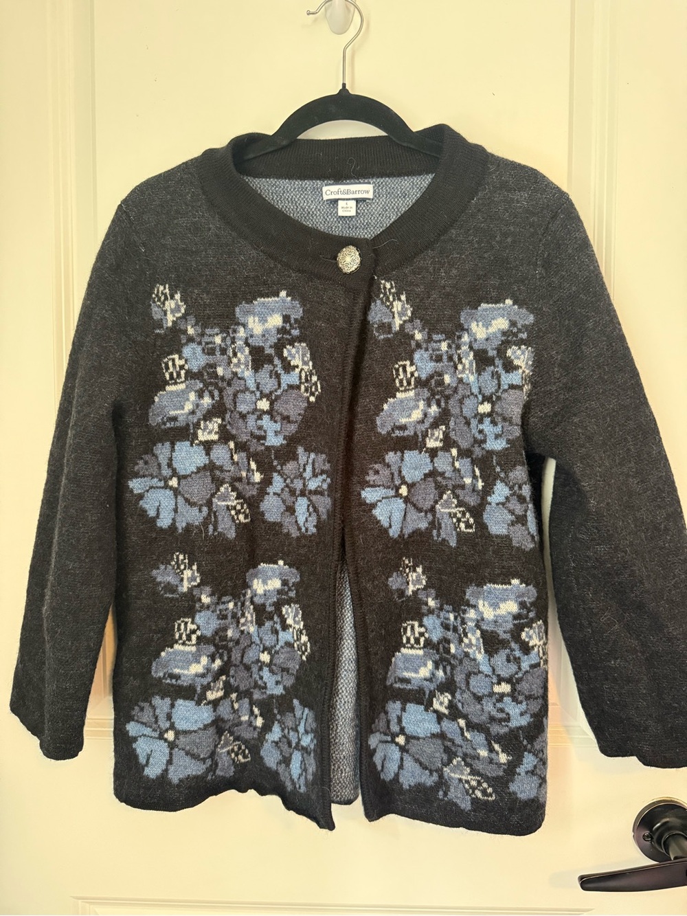 Croft & Barrow 100% Wool Dark Gray Floral Knit Cardigan Jacket